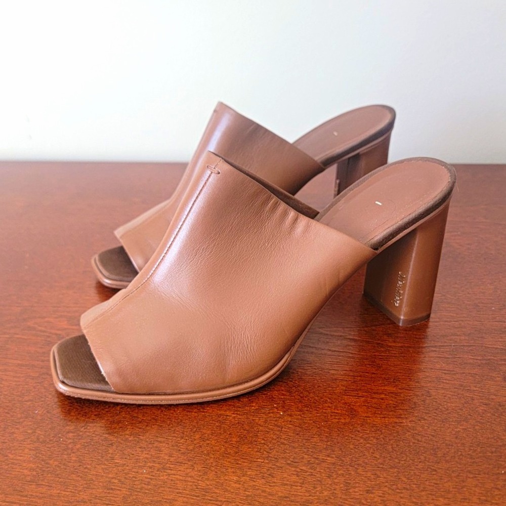 Max Mara Brown Leather Square Toe Mule Block Heel Slip On Women's EU 39.5 Cuoio